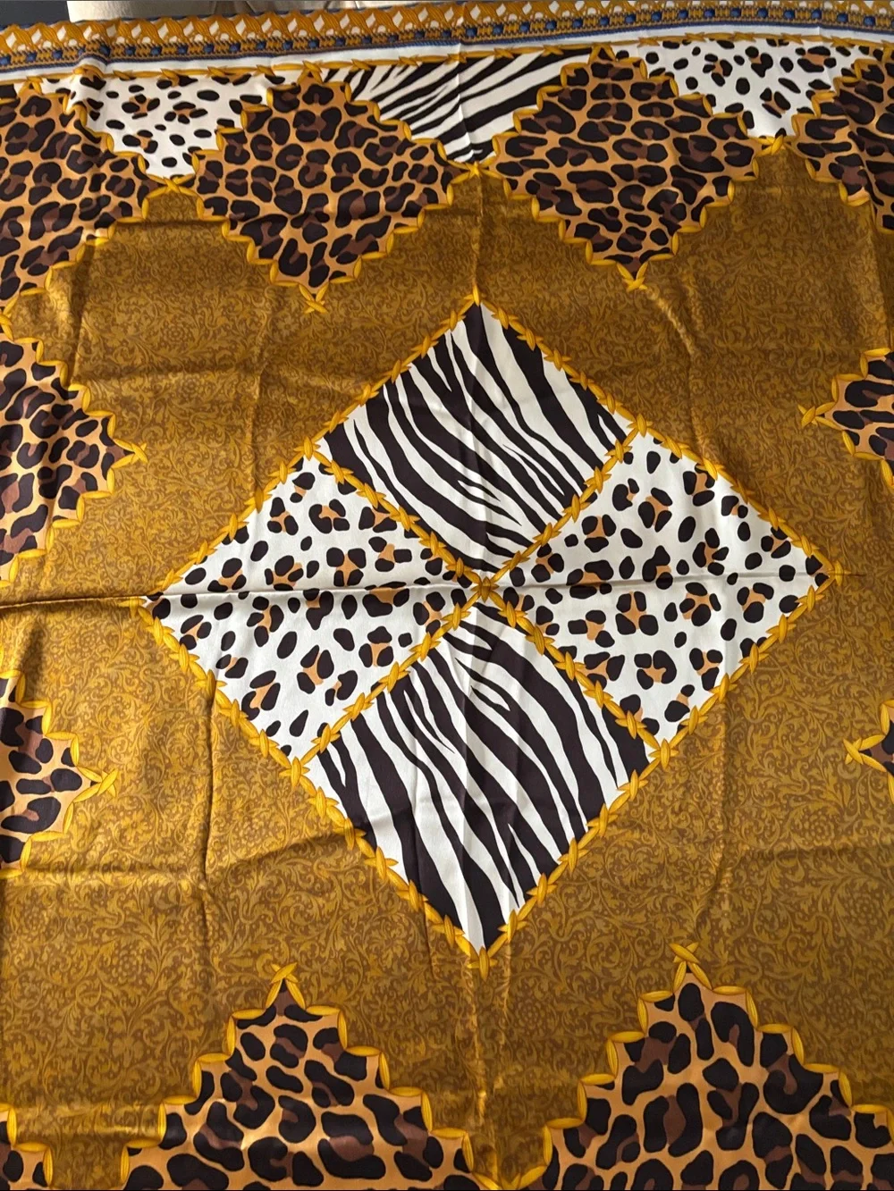 Christian Dior Italy Silk Gold Blue Animal Print Shawl Wrap Scarf-53x53-VINTAGE